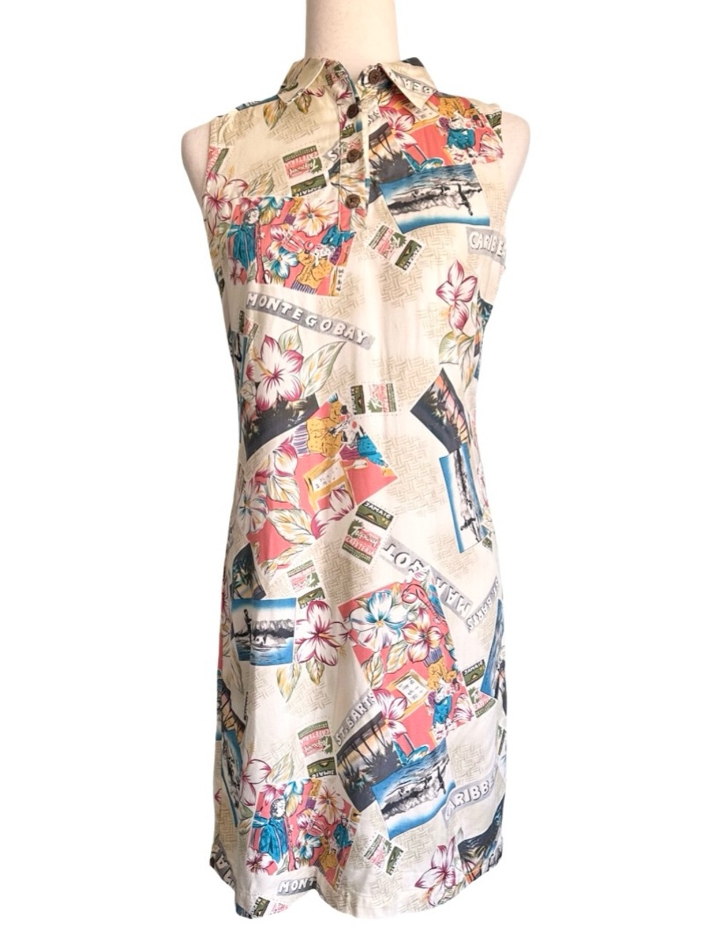 Vintage Caribbean Joe Beige Tropical Postcard Print Dress‎ Women’s Small Petite